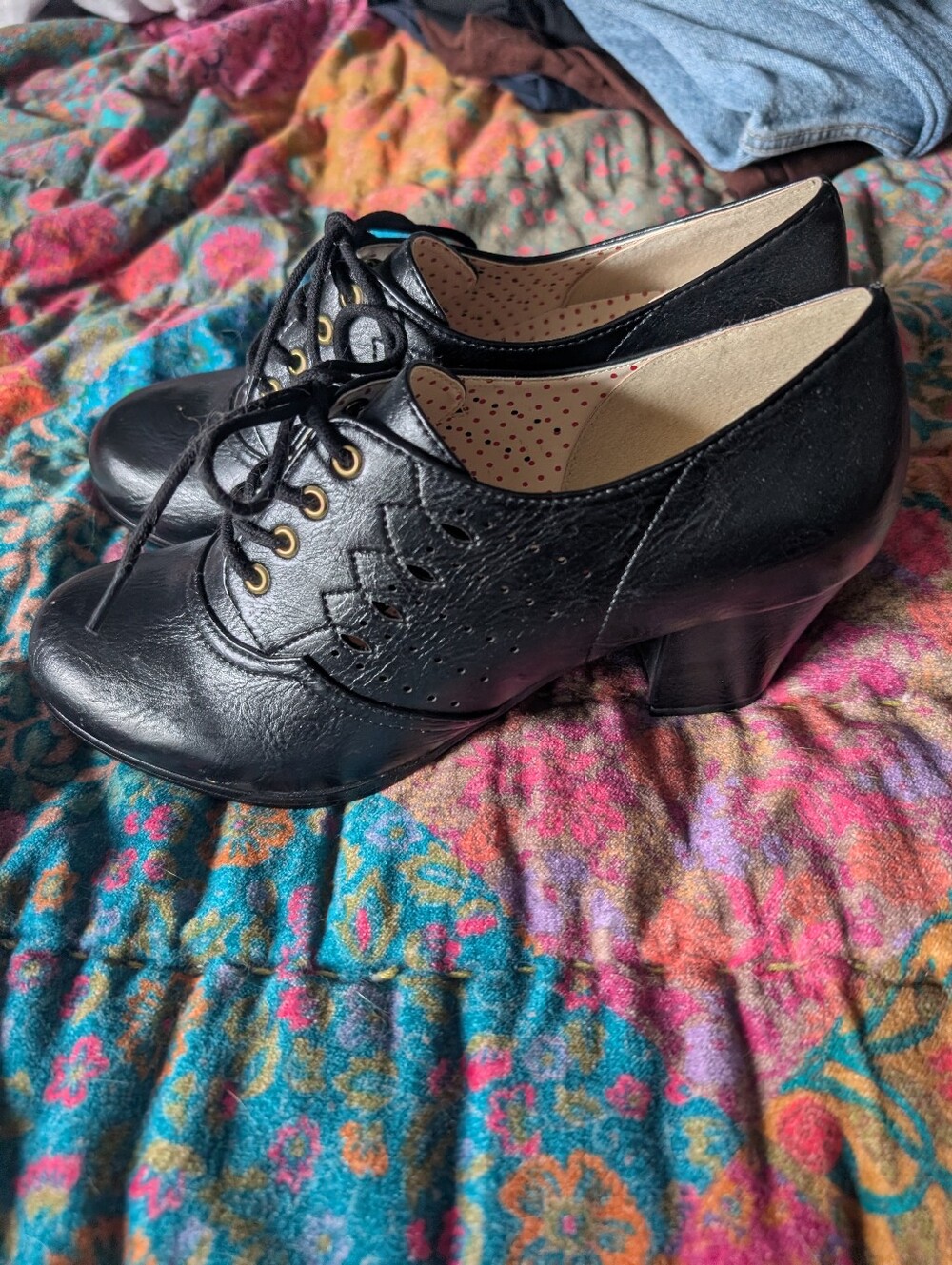 Bait Footwear Classic Lace-Up Women's Black Leather Heels Oxford Pinup Retro